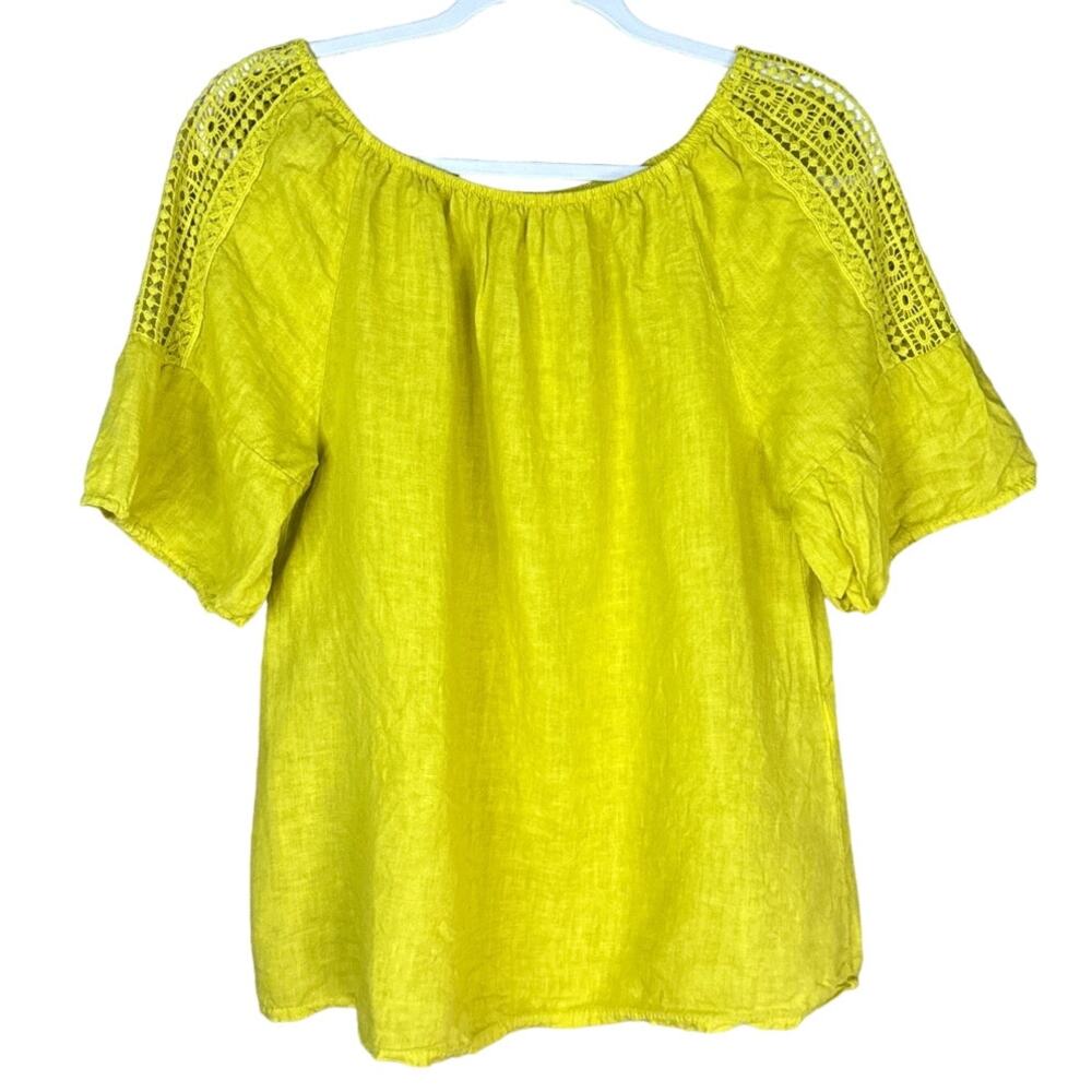 Terzo Millenio 100% Linen Short Sleeve Eyelet Inset Top Yellow Size Medium